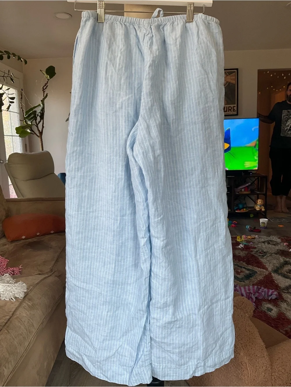 🏖️Everlane 100% European Flax Linen Wide-Leg Drawstring Pants Blue Pinstripe